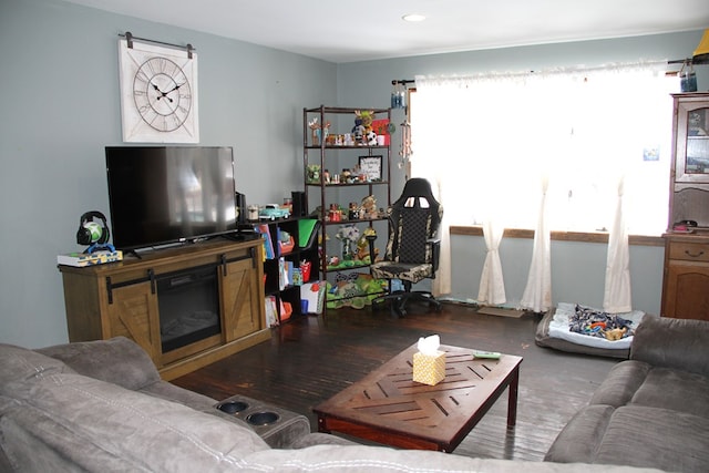 living room with dark wood-type flooring