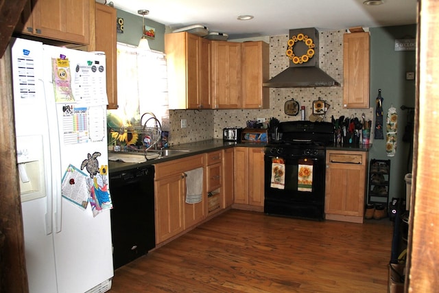 kitchen featuring hanging light fixtures, dark hardwood / wood-style floors, black appliances, decorative backsplash, and wall chimney exhaust hood