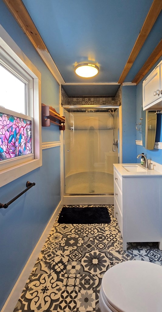 bathroom featuring vanity, toilet, and an enclosed shower