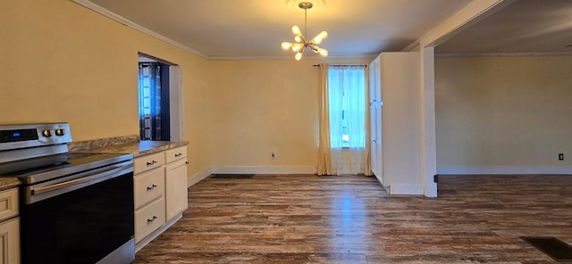 kitchen with dark hardwood / wood-style floors, white cabinets, ornamental molding, electric range, and light stone countertops