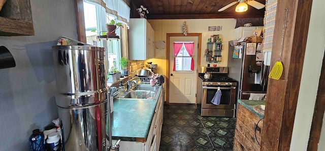 kitchen featuring wood ceiling, white cabinets, appliances with stainless steel finishes, ceiling fan, and sink