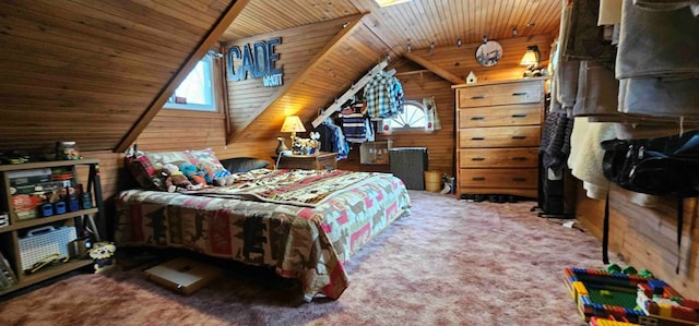 bedroom with lofted ceiling, wooden walls, carpet floors, and wooden ceiling