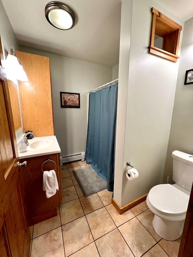 bathroom featuring vanity, curtained shower, a baseboard radiator, tile patterned floors, and toilet