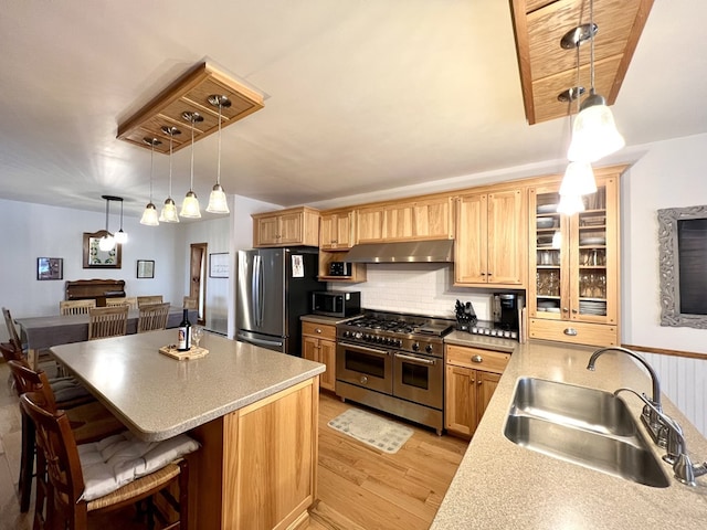 kitchen with pendant lighting, sink, appliances with stainless steel finishes, light hardwood / wood-style floors, and a kitchen bar