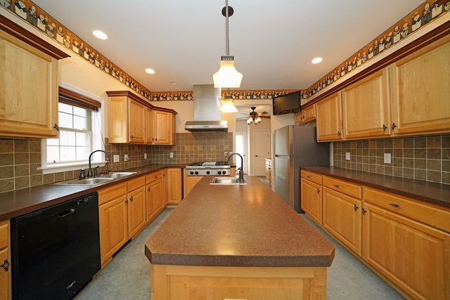 kitchen with sink, a center island with sink, range hood, and appliances with stainless steel finishes