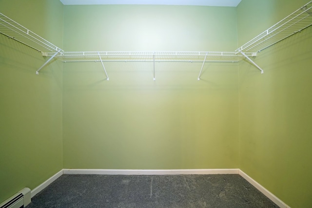 spacious closet featuring carpet and baseboard heating