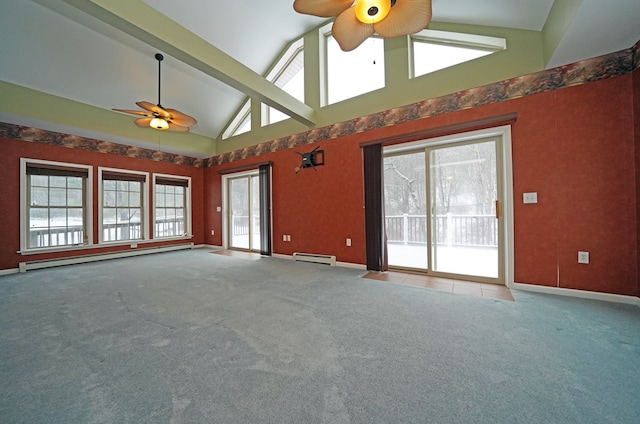 unfurnished room with ceiling fan, high vaulted ceiling, a baseboard radiator, and carpet floors