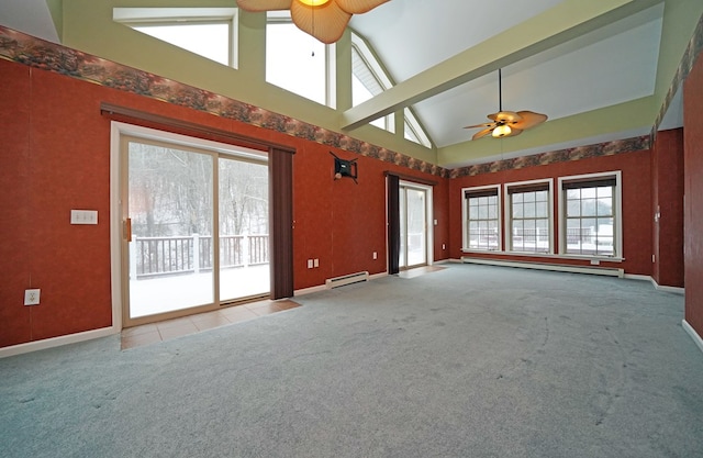 carpeted empty room featuring ceiling fan, high vaulted ceiling, and a baseboard radiator