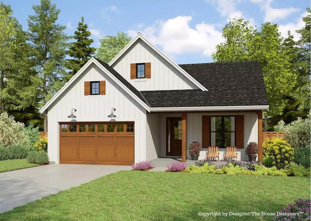 modern farmhouse style home featuring a garage, a front lawn, and covered porch