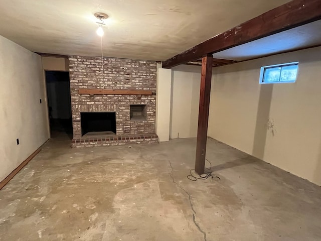 basement with a fireplace