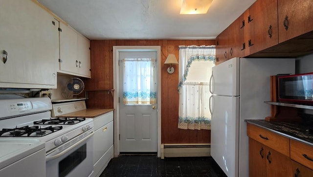 kitchen with white cabinetry, white appliances, and a baseboard radiator