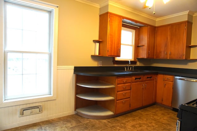 kitchen with sink, stainless steel dishwasher, crown molding, and stove