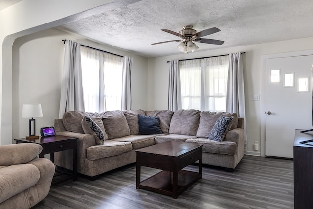 living room featuring dark hardwood / wood-style floors, a wealth of natural light, and a textured ceiling