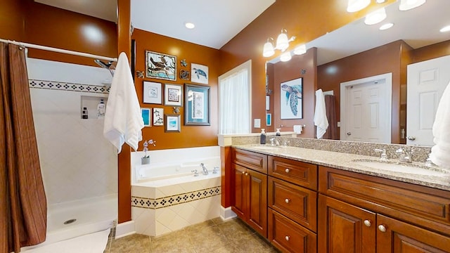 bathroom featuring vanity, tile patterned floors, and independent shower and bath