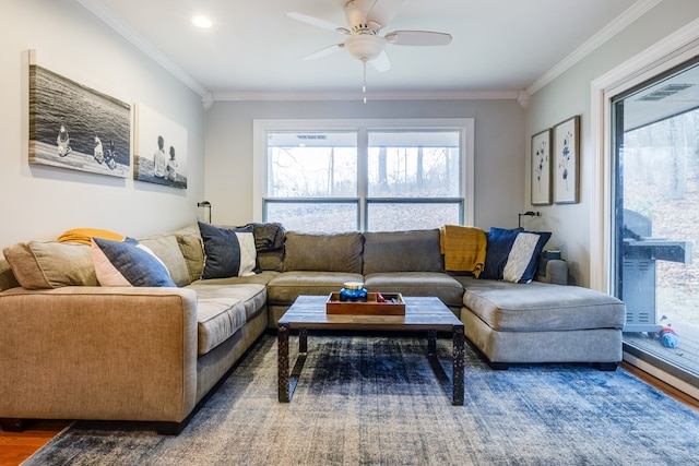 living room featuring crown molding, ceiling fan, and hardwood / wood-style flooring