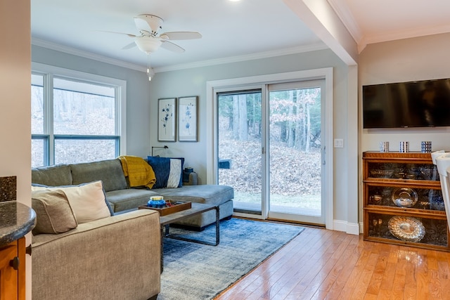 living room with hardwood / wood-style flooring, ornamental molding, and ceiling fan