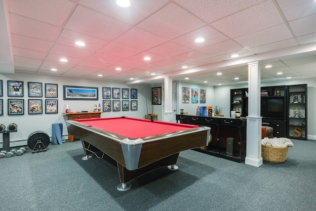 playroom featuring carpet and a paneled ceiling