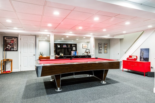 recreation room with billiards and carpet floors