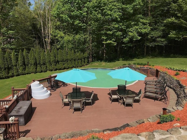 view of pool with a wooden deck and a yard