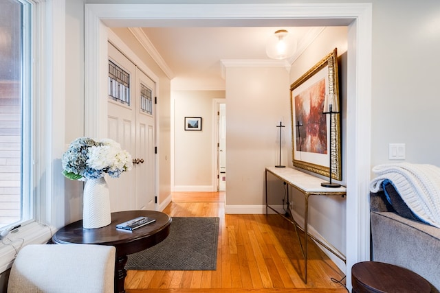 interior space featuring crown molding and light wood-type flooring