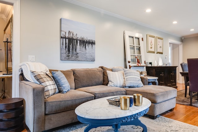 living room featuring hardwood / wood-style floors and ornamental molding