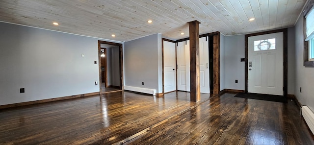 foyer featuring a baseboard radiator, wooden ceiling, and dark hardwood / wood-style flooring