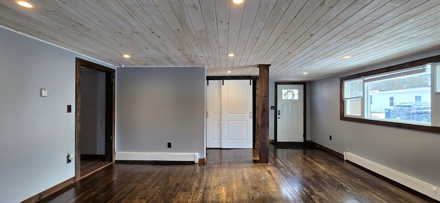 spare room featuring baseboard heating, wood ceiling, and dark hardwood / wood-style floors