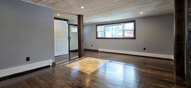 empty room featuring a baseboard heating unit, wooden ceiling, and dark hardwood / wood-style floors