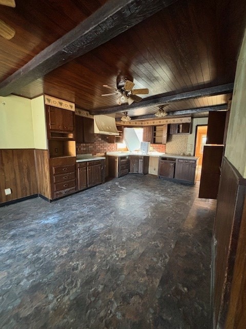 kitchen with wooden ceiling, beamed ceiling, and wood walls