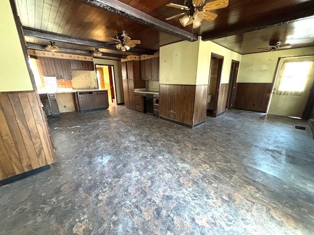 kitchen featuring beamed ceiling, wooden ceiling, ceiling fan, and wood walls