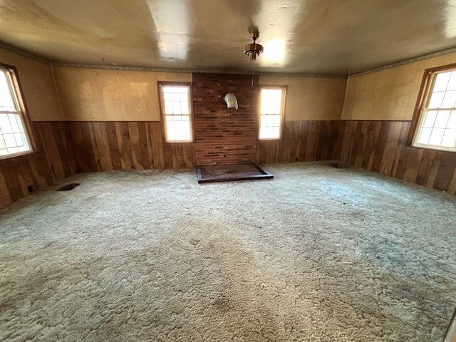 carpeted empty room with a healthy amount of sunlight and wooden walls