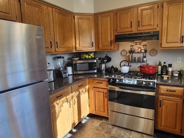 kitchen with stainless steel appliances and dark stone counters