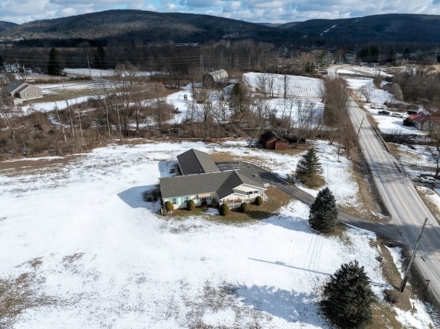 snowy aerial view with a mountain view