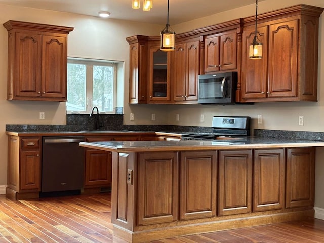 kitchen with hanging light fixtures, stainless steel appliances, and light wood-type flooring