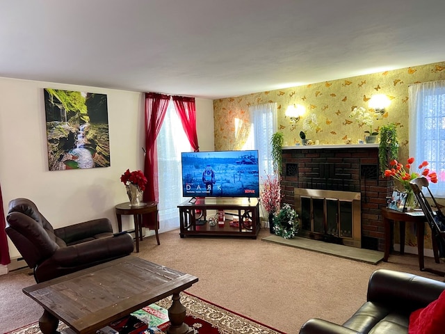 living room with carpet flooring and a brick fireplace