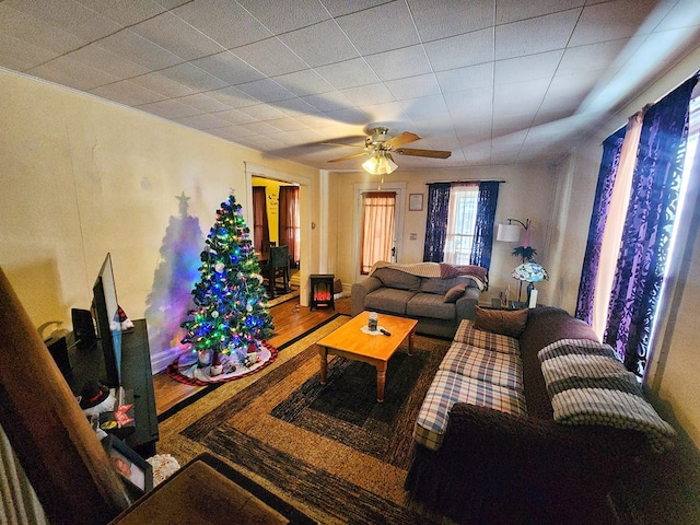 living room with hardwood / wood-style flooring and ceiling fan