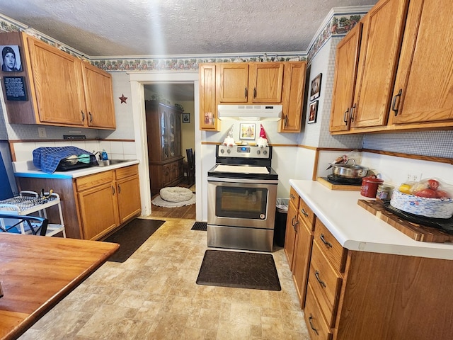 kitchen with stainless steel electric range and a textured ceiling