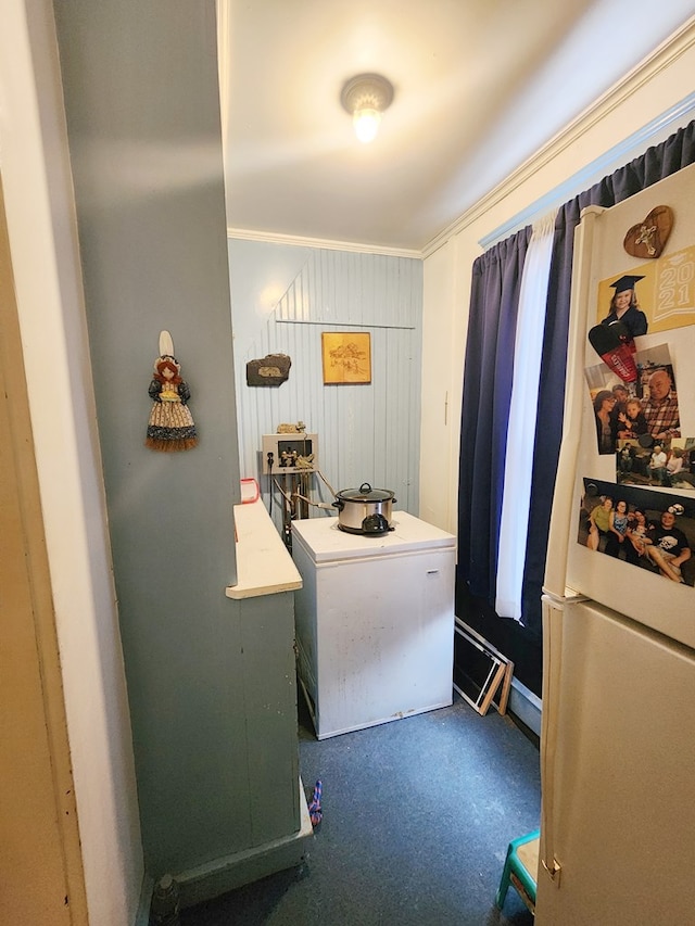 laundry area with ornamental molding and dark colored carpet