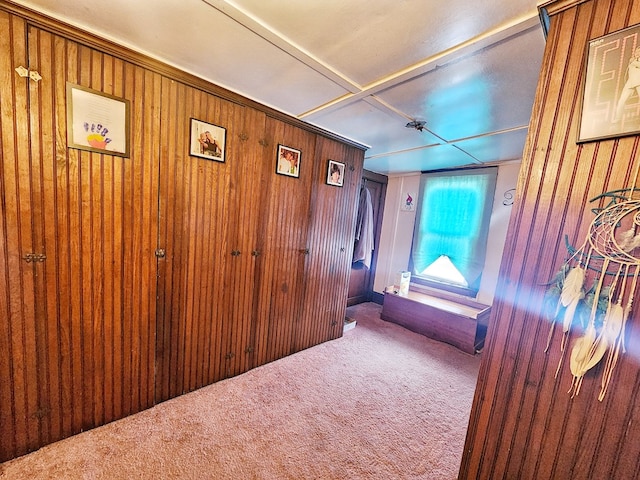 hallway featuring carpet and wood walls