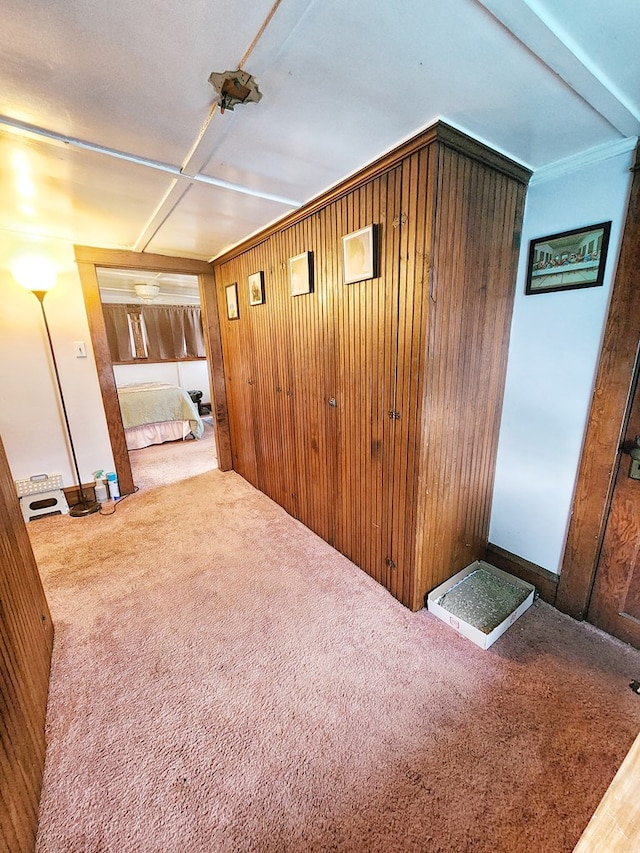 interior space with carpet flooring and wood walls