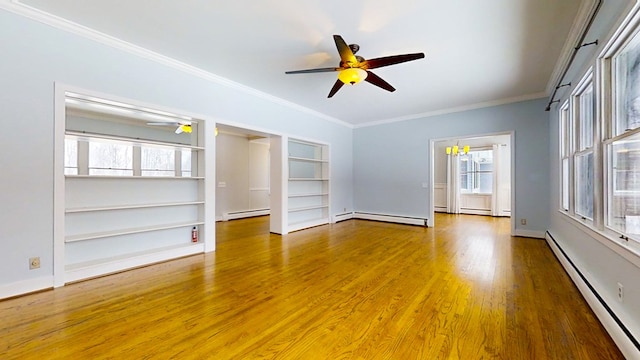 unfurnished living room featuring ceiling fan, a baseboard radiator, ornamental molding, and hardwood / wood-style floors