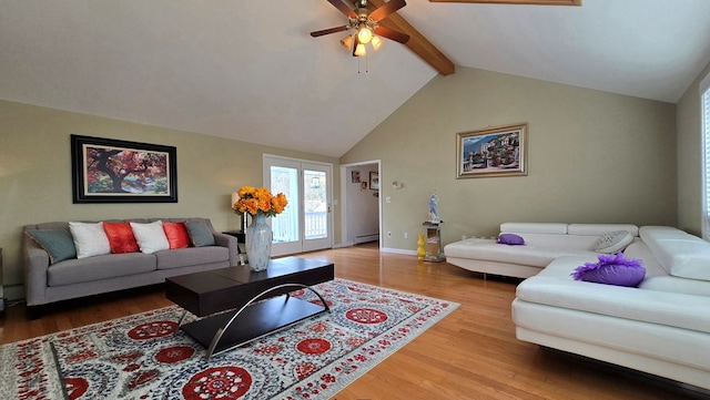 living room featuring ceiling fan, baseboard heating, hardwood / wood-style floors, beam ceiling, and high vaulted ceiling