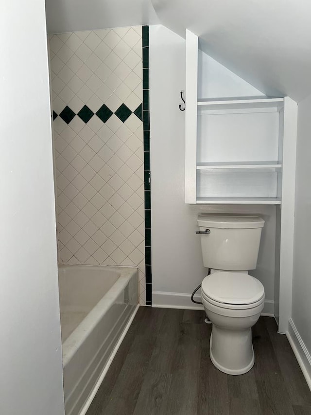 bathroom featuring independent shower and bath, wood-type flooring, and toilet