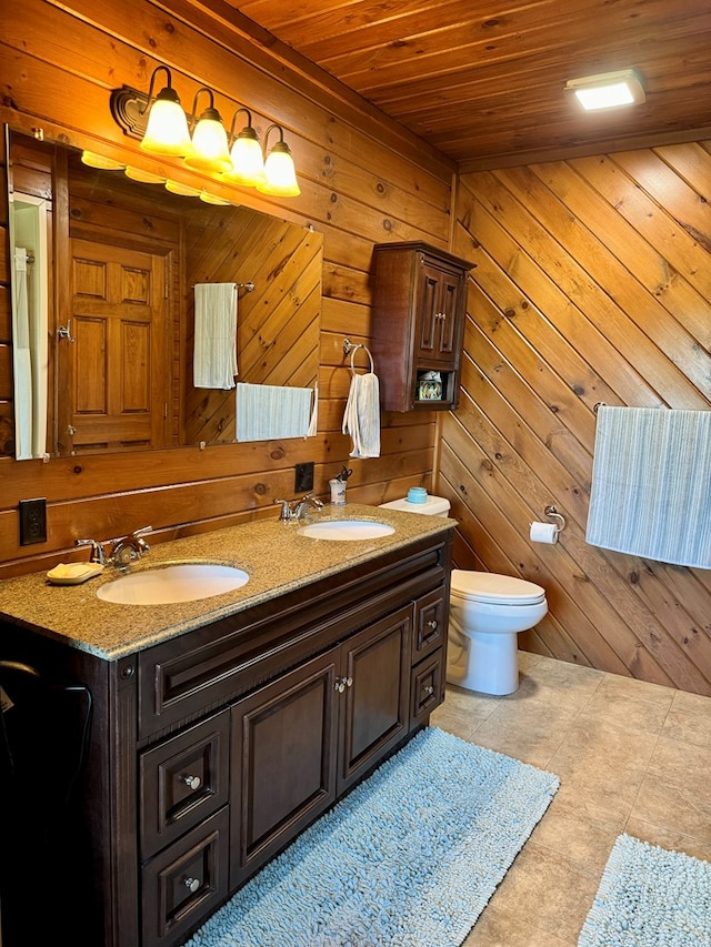 bathroom with vanity, wooden walls, wooden ceiling, and toilet