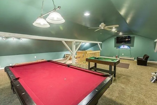 recreation room featuring vaulted ceiling, a baseboard radiator, pool table, ceiling fan, and dark carpet