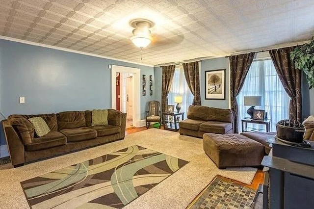 living room with crown molding