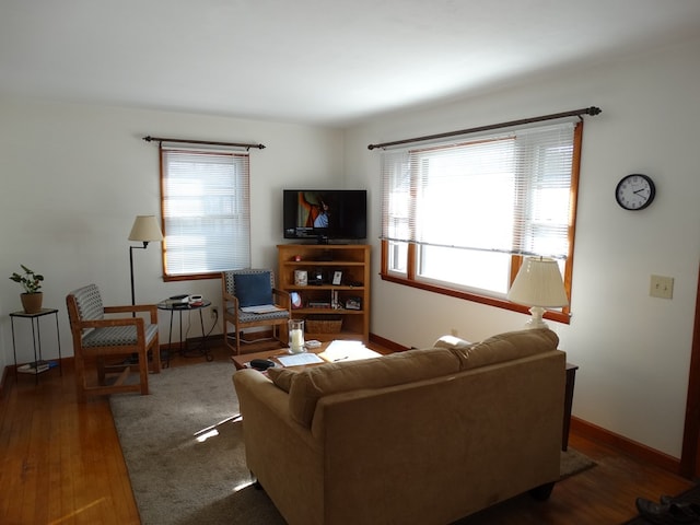 living room with dark hardwood / wood-style flooring