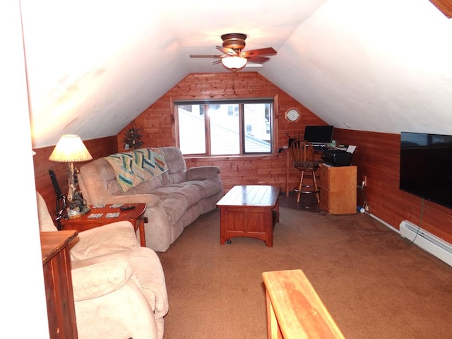 carpeted living room featuring baseboard heating, vaulted ceiling, and wood walls