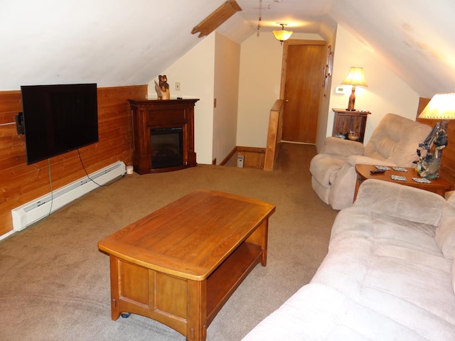 carpeted living room with a baseboard heating unit, wooden walls, and vaulted ceiling