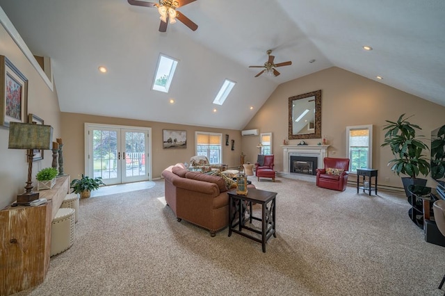 living room with carpet, a healthy amount of sunlight, and high vaulted ceiling